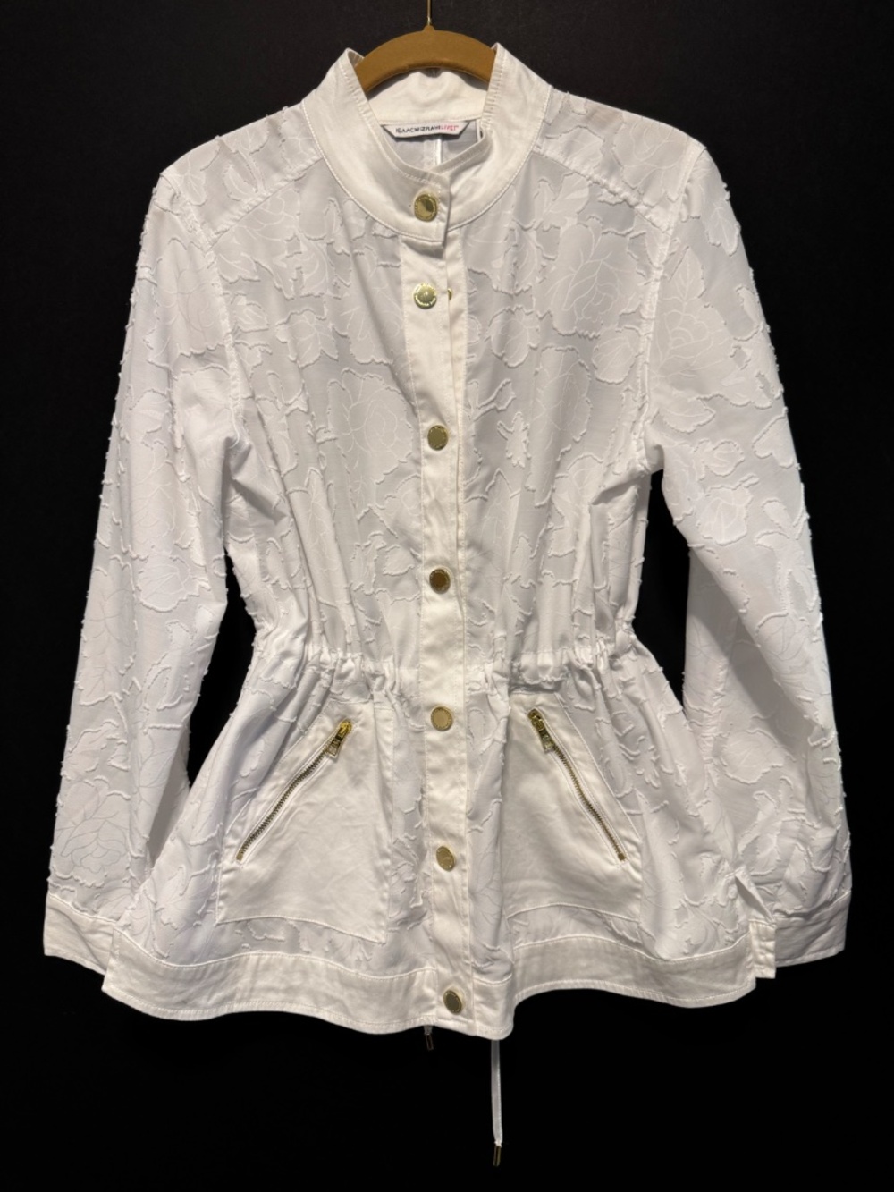 Isaac Mizrahi Live White Floral Jacquard Utility Jacket Gold Hardware Size S